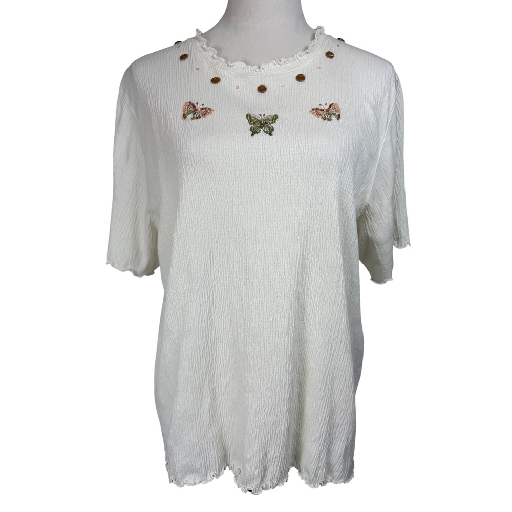 BonWorth Women Cotton Blend Top M White Butterfly Embroidered Lettuce Trim 27260
